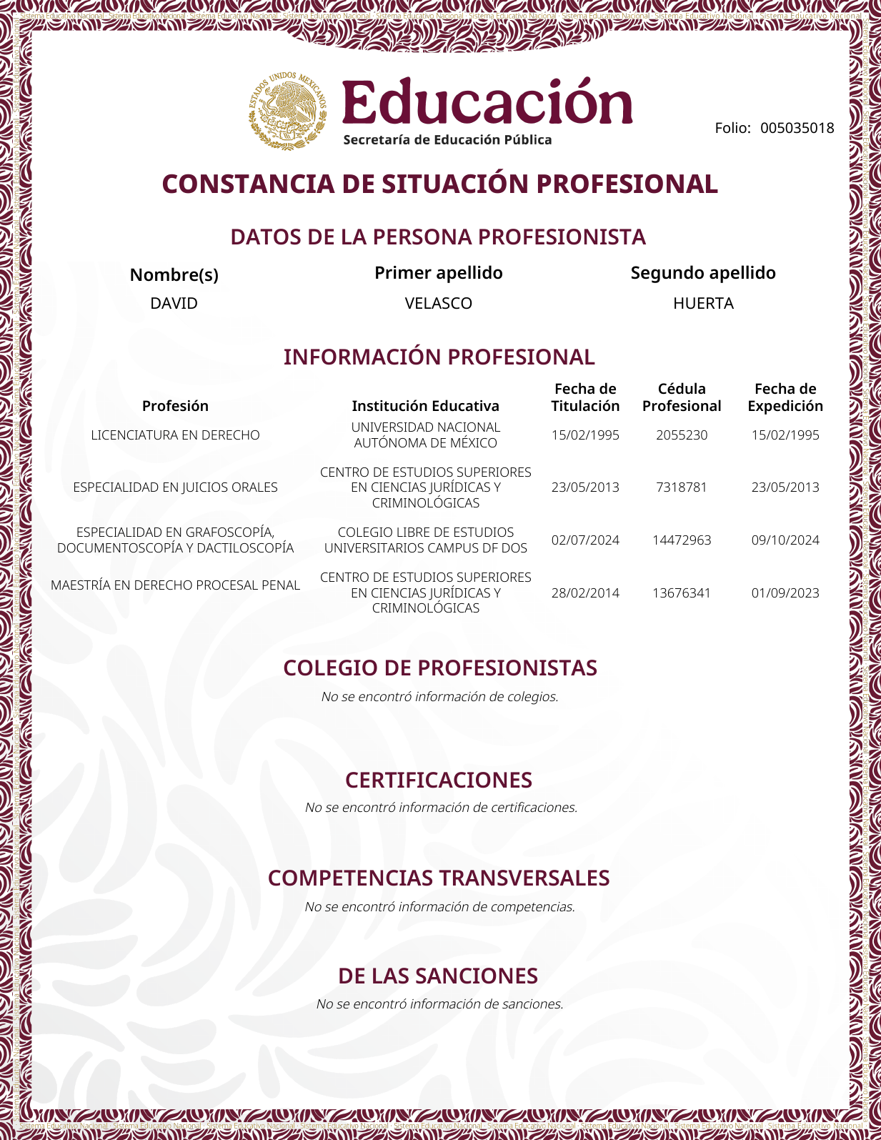 Página 1 de la constancia de situación profesional